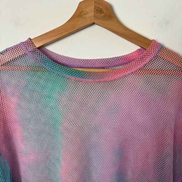 Pastel Rainbow Pink Blue Fishnet Mesh Swim Cover Up and Festival Dress One Size - Picture 11 of 13